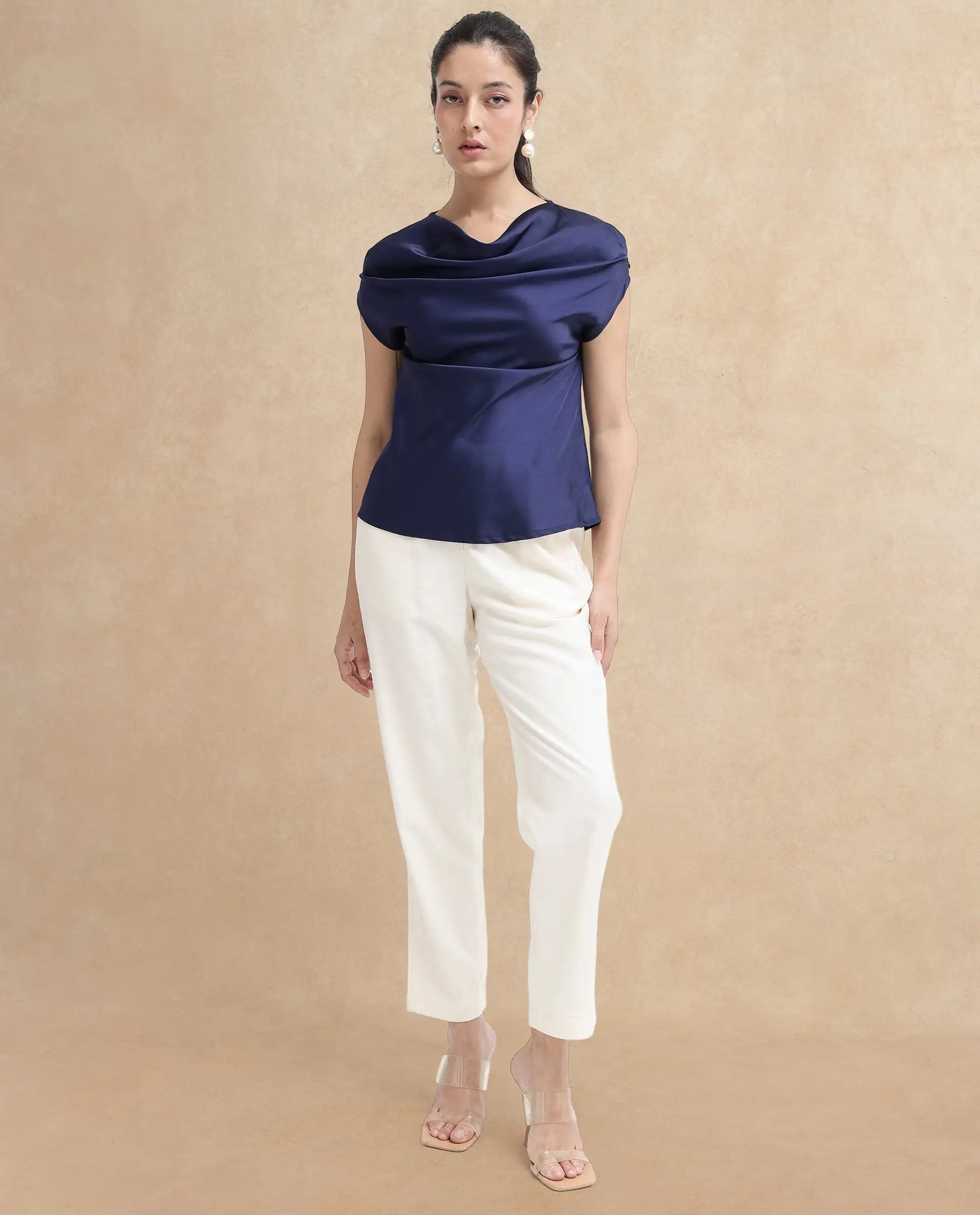 Rareism Women Hawter Navy Polyester Fabric Cap Sleeve Cowl Neck Solid Regular Length Top