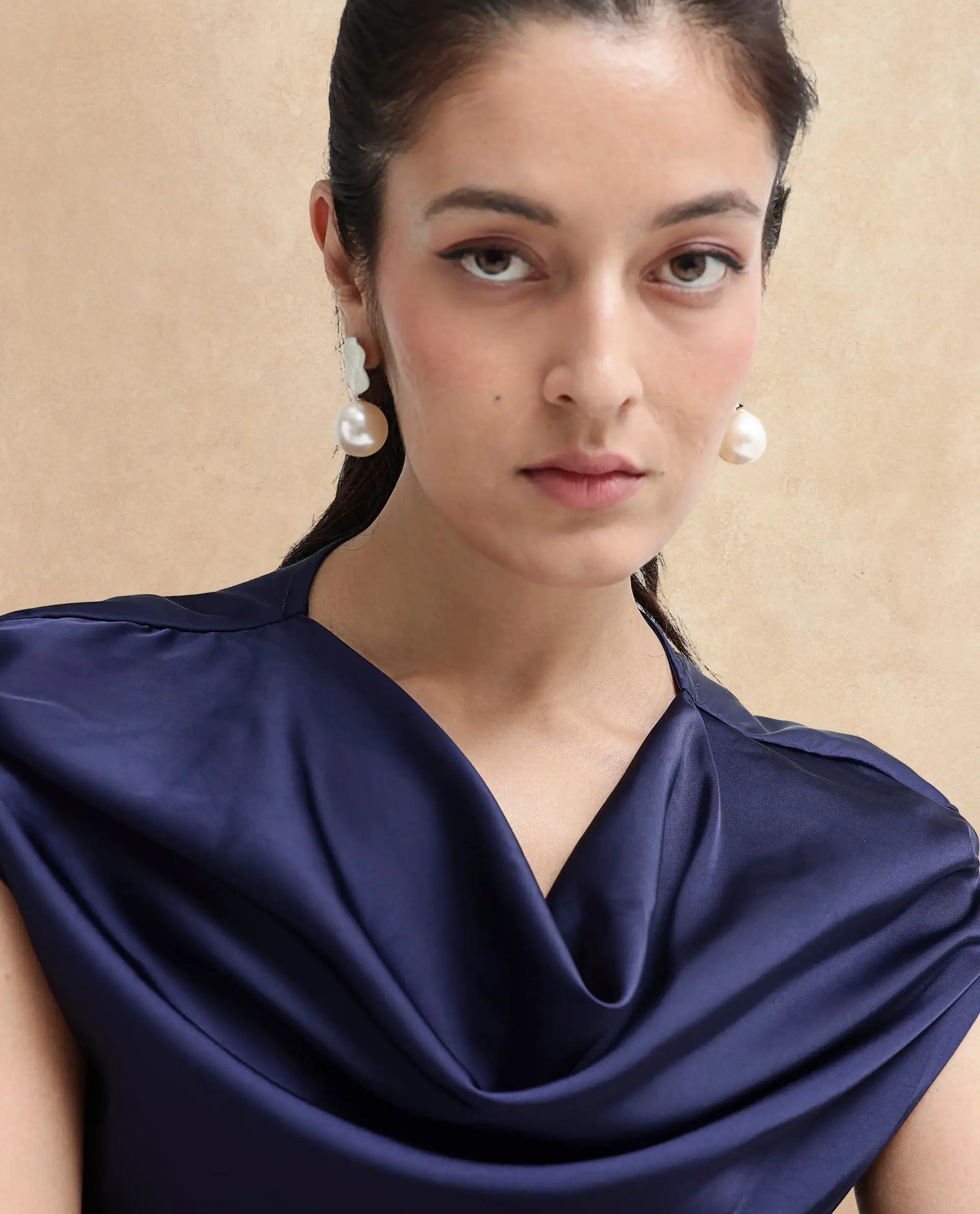 Rareism Women Hawter Navy Polyester Fabric Cap Sleeve Cowl Neck Solid Regular Length Top