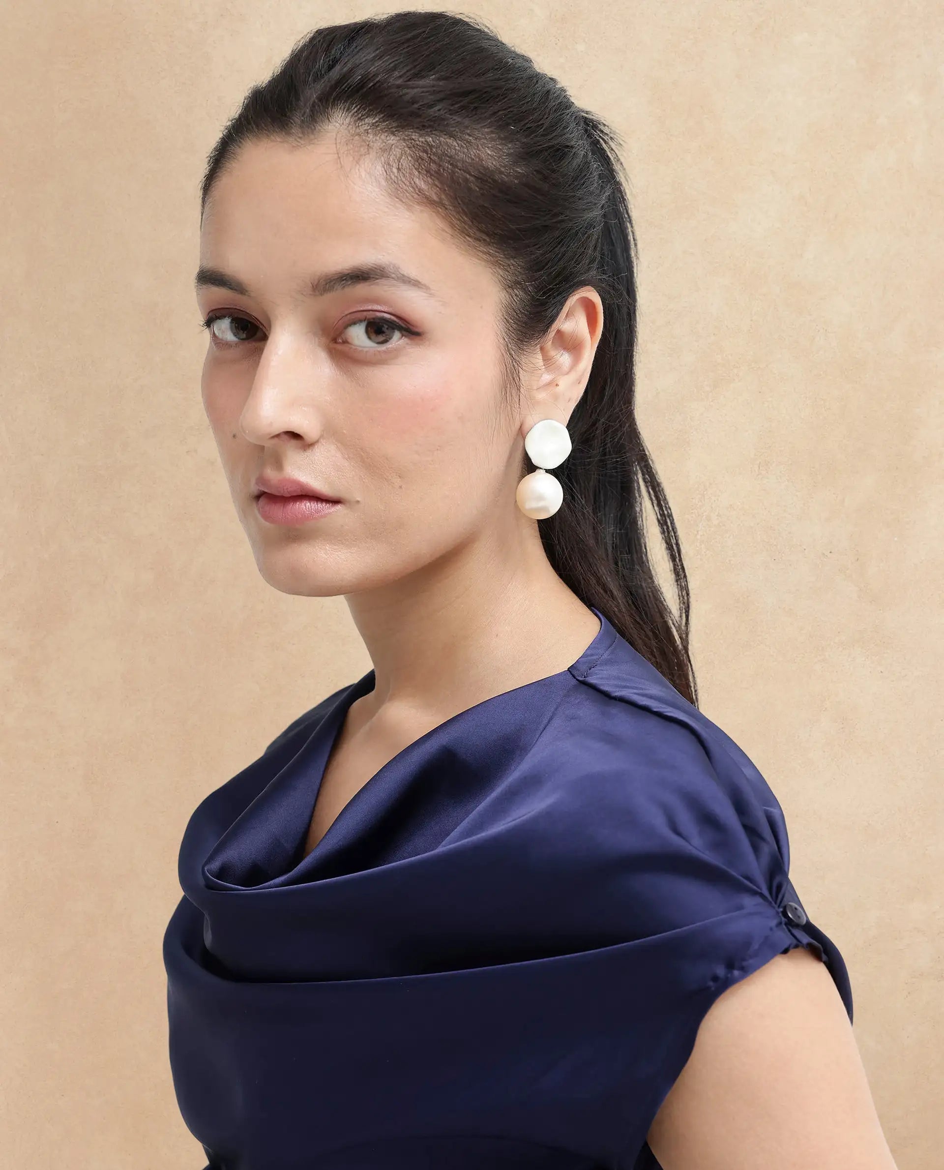 Rareism Women Hawter Navy Polyester Fabric Cap Sleeve Cowl Neck Solid Regular Length Top