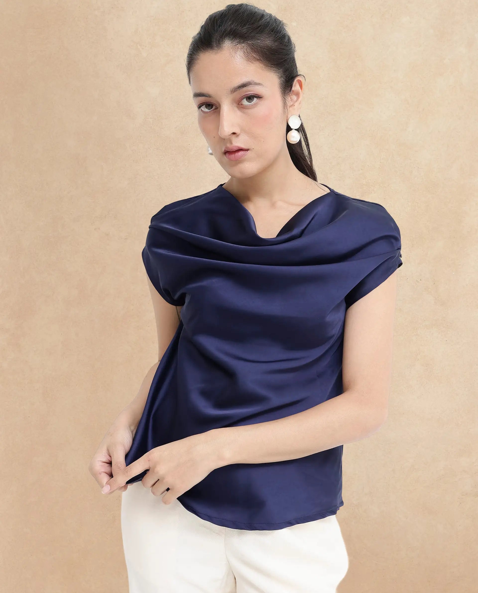 Rareism Women Hawter Navy Polyester Fabric Cap Sleeve Cowl Neck Solid Regular Length Top