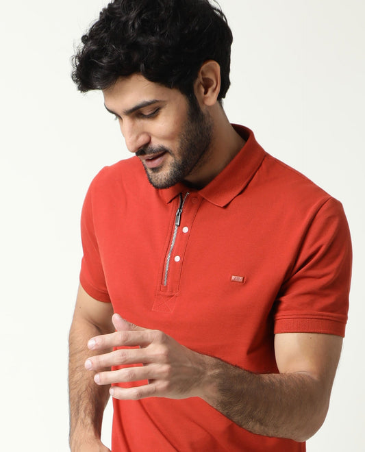 Rare Rabbit Men'S Salis Rust Polo Cotton Fabric Collared Neck Half Sleeves Button Closure Slim Fit