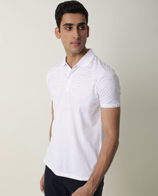Rare Rabbit Stroke Primary White Cotton Fabric Half Sleeves Polo T-Shirt