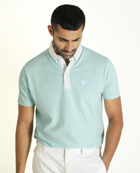 Rare Rabbit Men's Parma Turq Cotton Fabric Collared Neck Half Sleeves Button Closure Polo T-Shirt