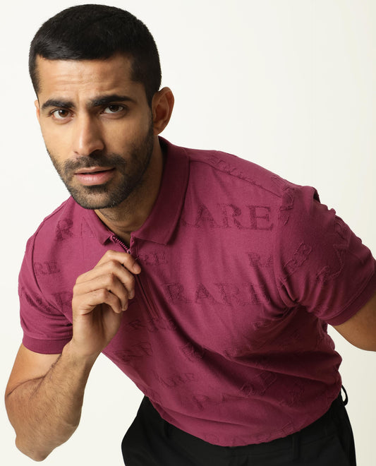 Rare Rabbit Men'S Gesset Dark Pink Polo Cotton Fabric Collared Neck Half Sleeves Zipper Closure