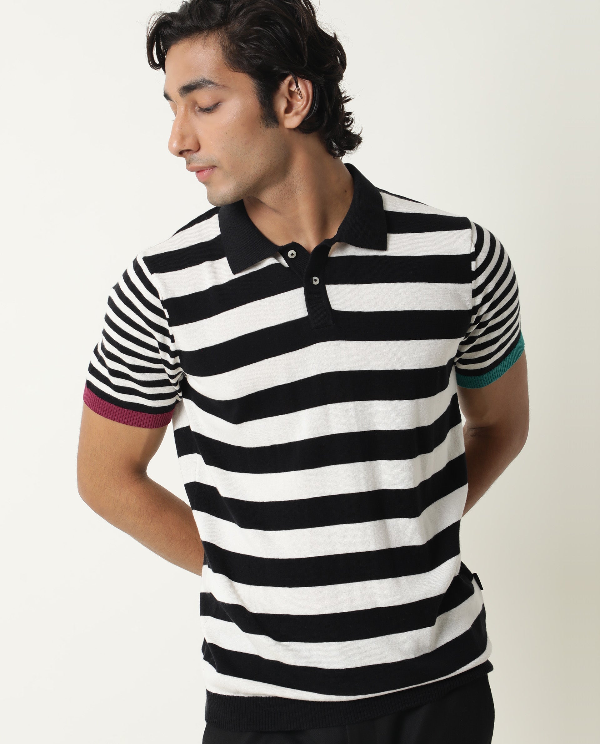 Rare Rabbit Men's Paulo Black Cotton Fabric Collared Neck Striped Polo T-Shirt