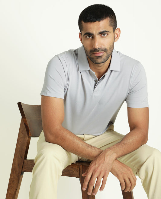 Rare Rabbit Men's Zeny Grey Cotton Fabric Collared Neck Half Sleeve Polo T-Shirt
