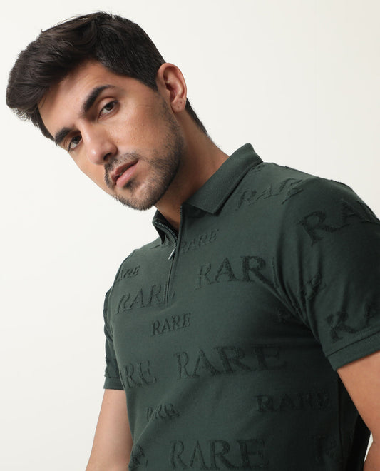 RARE RABBIT MEN'S GESSET GREEN POLO COTTON FABRIC COLLARED NECK HALF SLEEVES BUTTON CLOSURE SLIM FIT