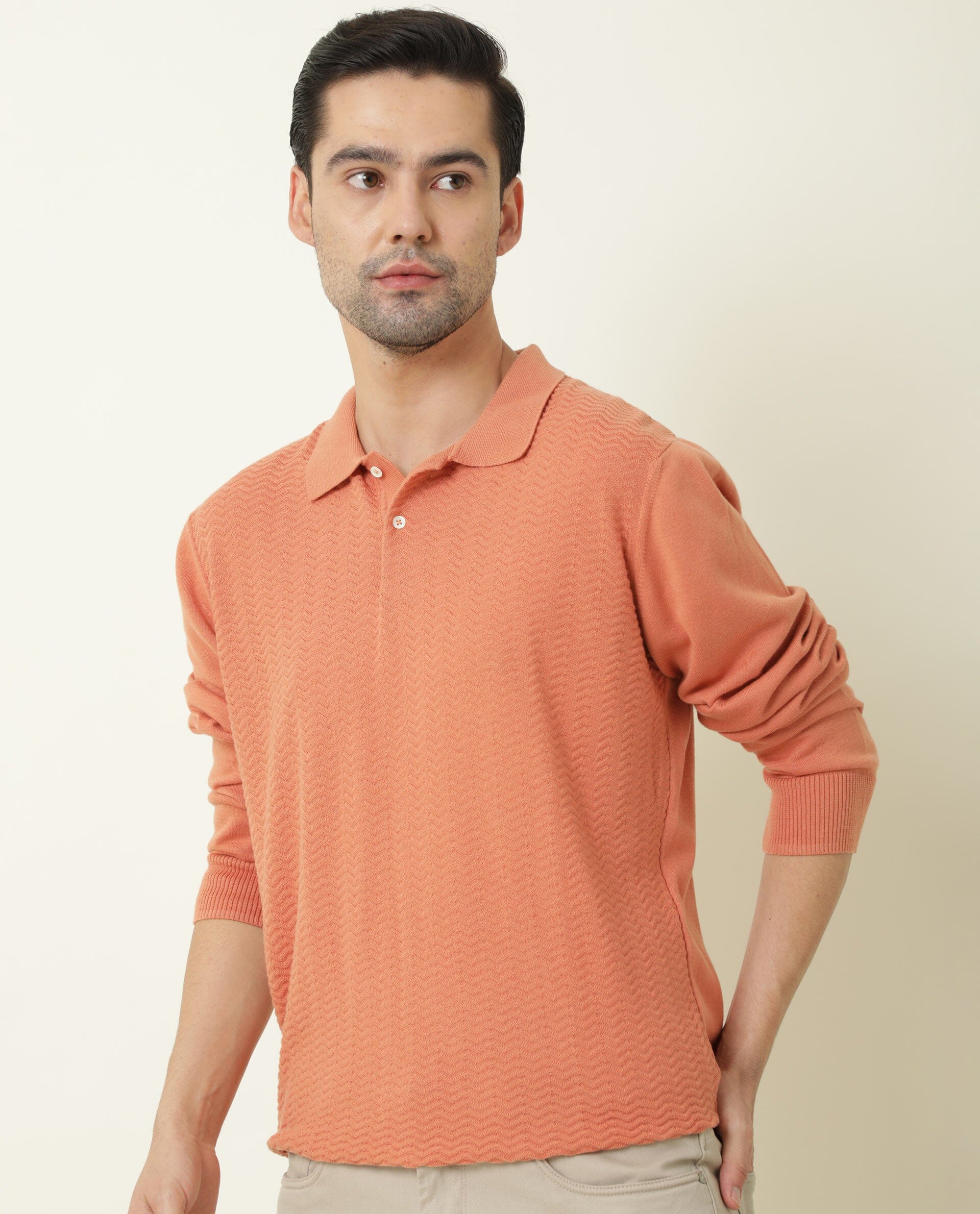 Rare Rabbit Men's Present Orange Cotton Fabric Full Sleeves Textured Polo T-Shirt