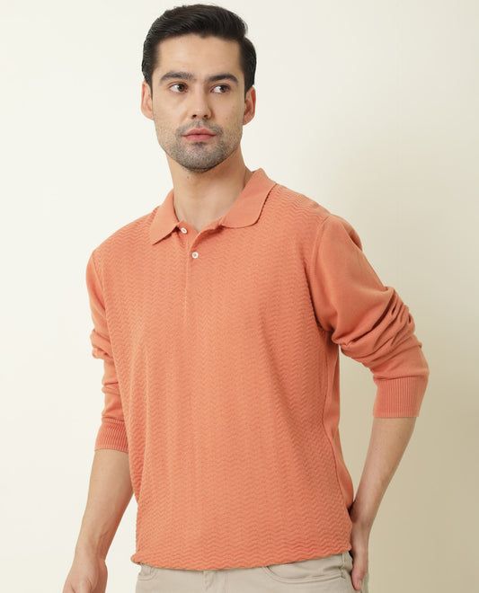 Rare Rabbit Men's Present Orange Cotton Fabric Full Sleeves Textured Polo T-Shirt