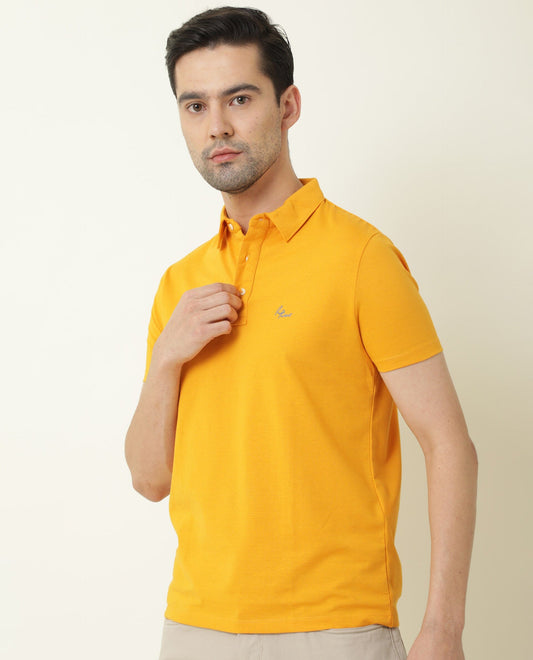 Rare Rabbit Men's Sailor Yellow Solid Cotton Fabric Collared Neck Half-Sleeve Polo T-Shirt