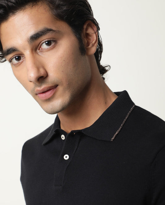 Rare Rabbit Men'S Kefa Black Polo Cotton Fabric Collared Neck Half Sleeves Button Closure Slim Fit