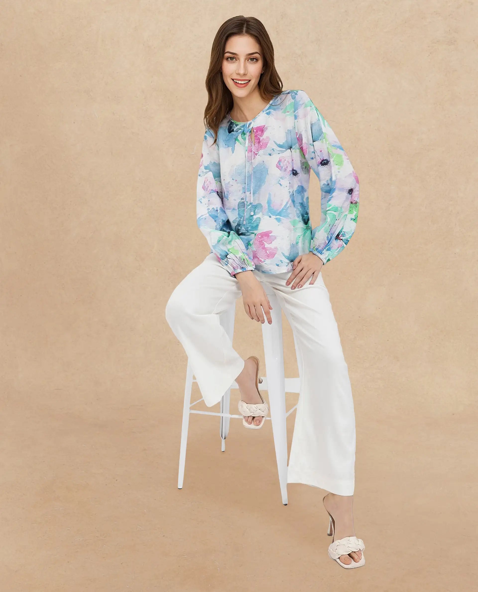 Rareism Women Hestero Light Multi Bishop Sleeve Tie Up Neck Abstract Print Top