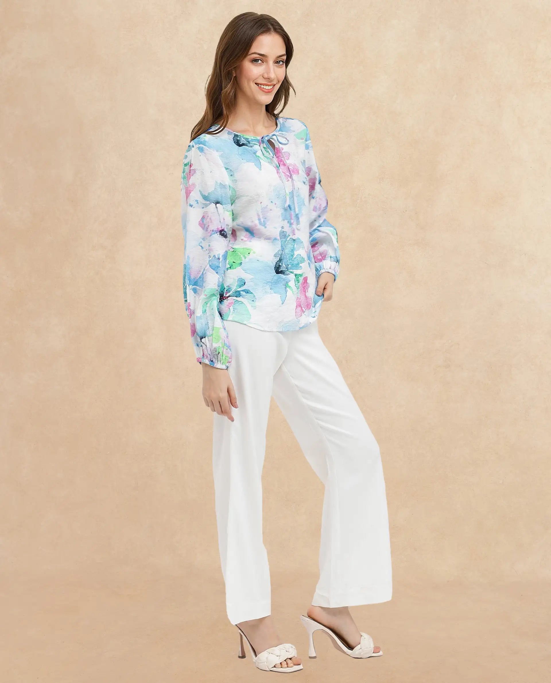 Rareism Women Hestero Light Multi Bishop Sleeve Tie Up Neck Abstract Print Top