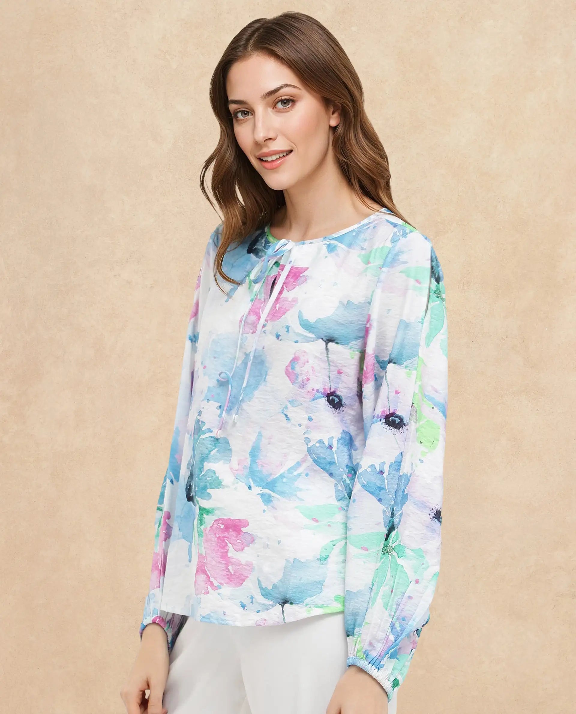 Rareism Women Hestero Light Multi Bishop Sleeve Tie Up Neck Abstract Print Top