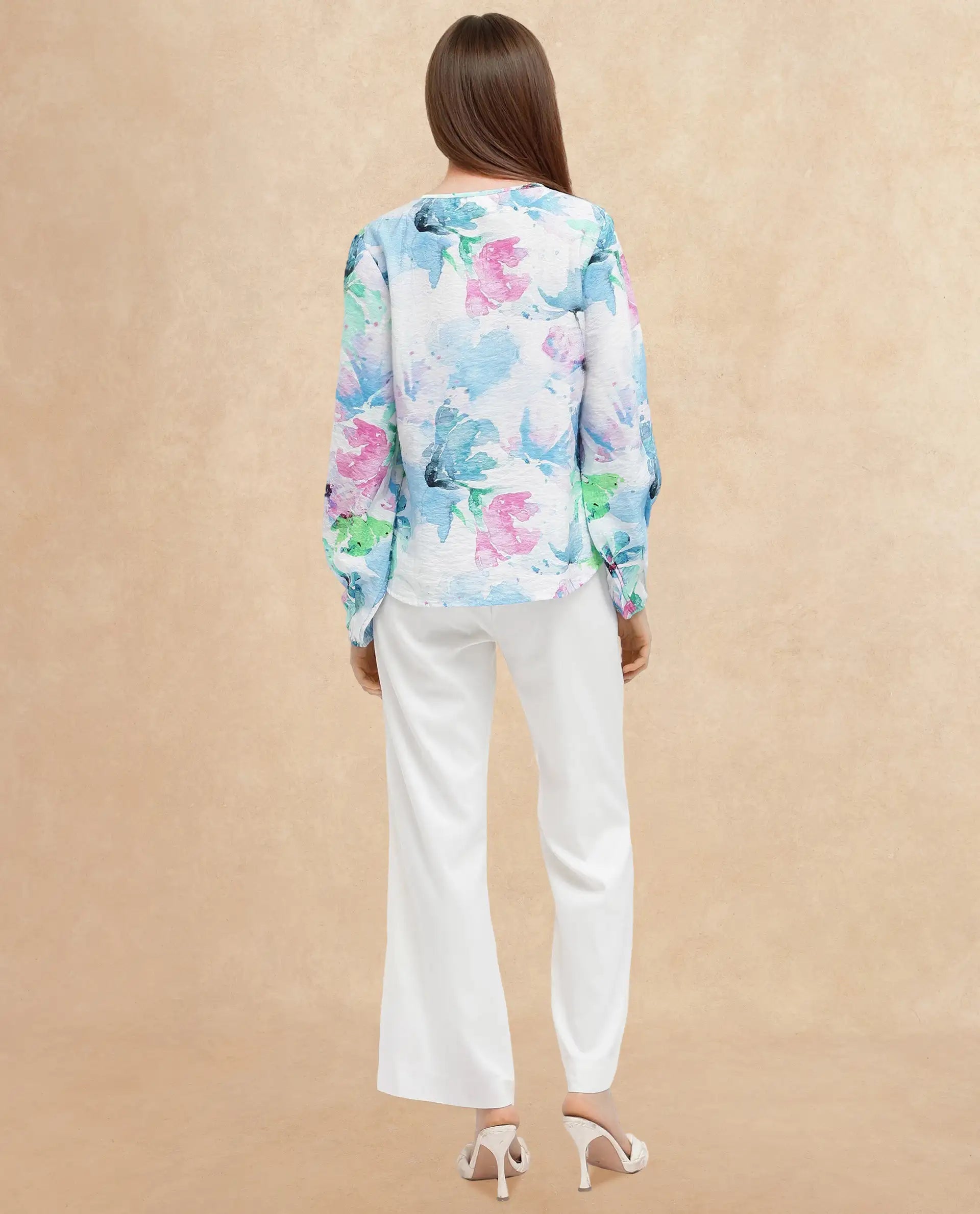 Rareism Women Hestero Light Multi Bishop Sleeve Tie Up Neck Abstract Print Top