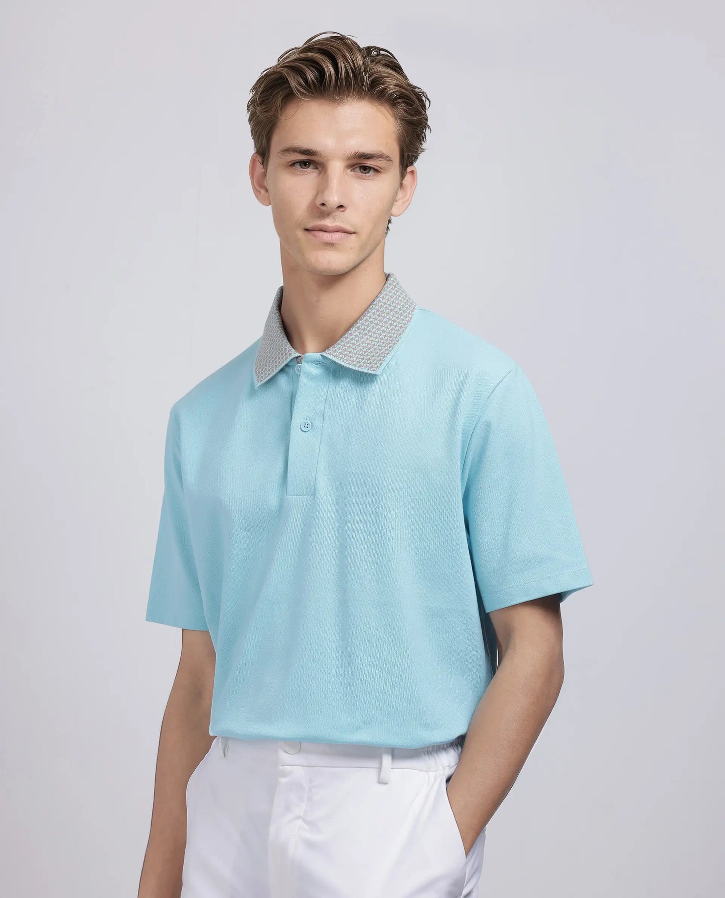 Rare Rabbit Men Abit Light Blue Cotton Blend Fabric Short Sleeve Collared Neck Button Closure Plain Polo