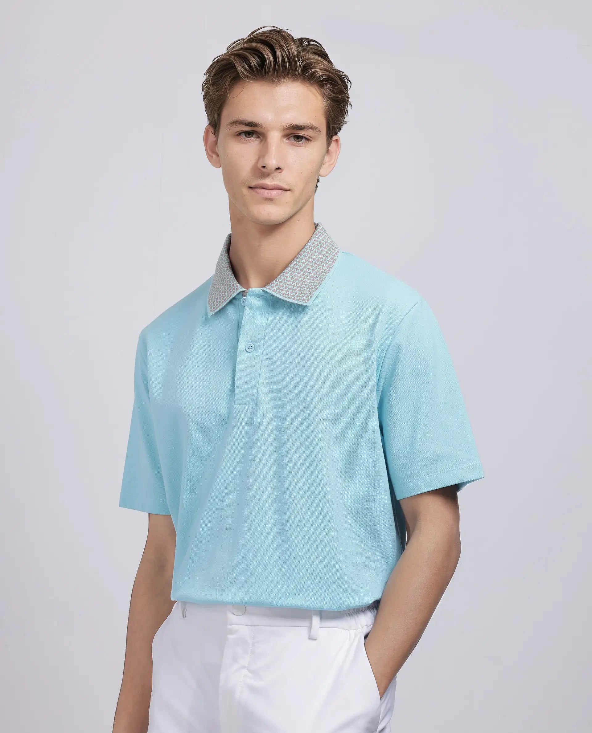 Rare Rabbit Men Abit Light Blue Cotton Blend Fabric Short Sleeve Collared Neck Button Closure Plain Polo