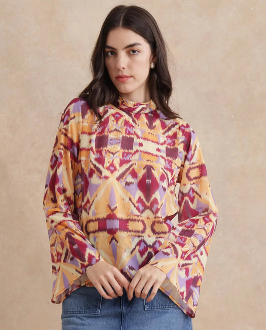 Rareism Women Hokas Multi Full Sleeve High Neck Button Closure Abstract Print Top