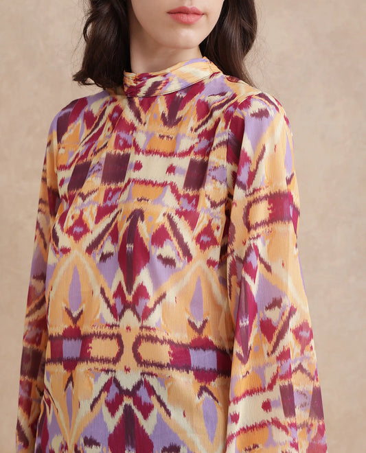 Rareism Women Hokas Multi Full Sleeve High Neck Button Closure Abstract Print Top