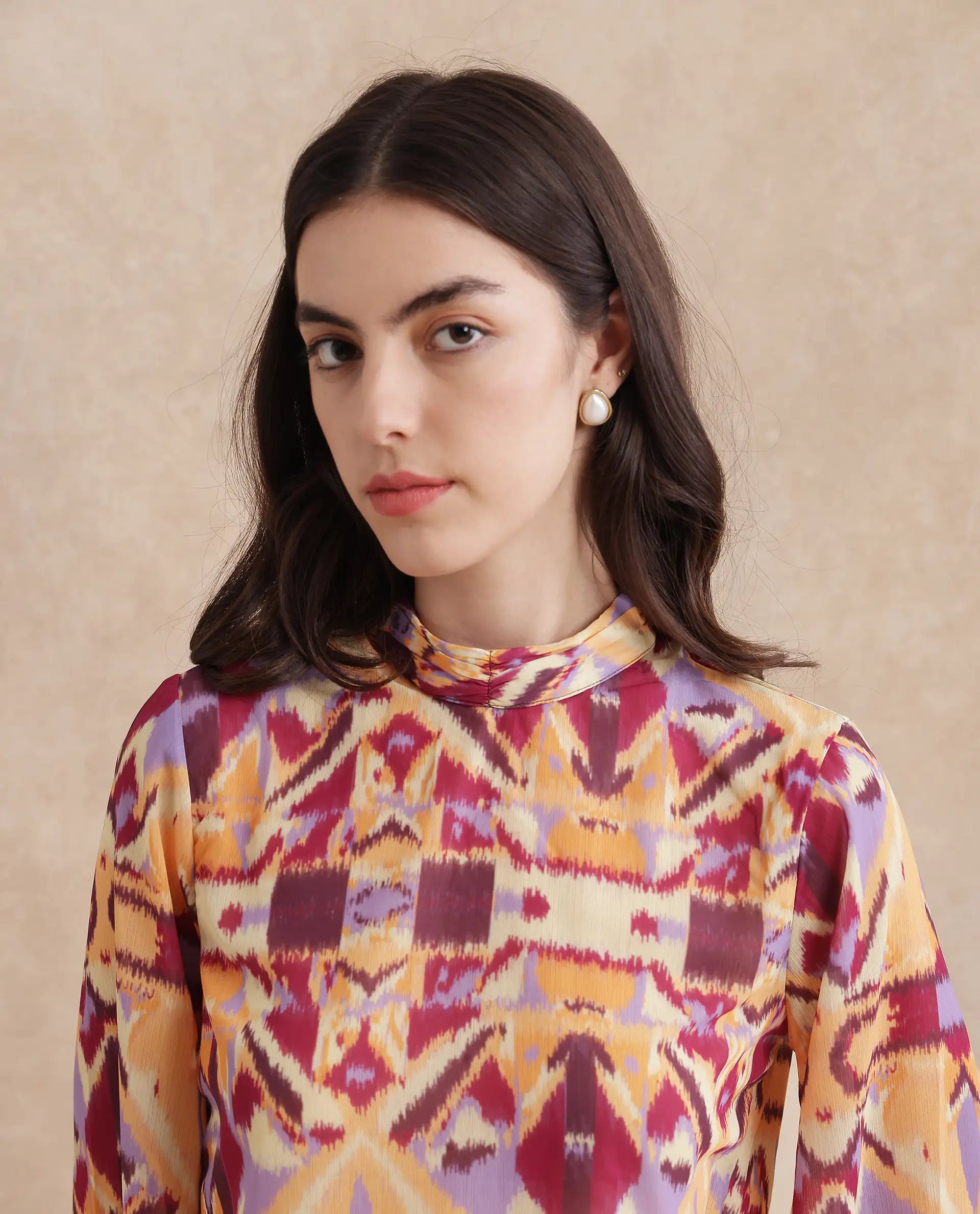 Rareism Women Hokas Multi Full Sleeve High Neck Button Closure Abstract Print Top