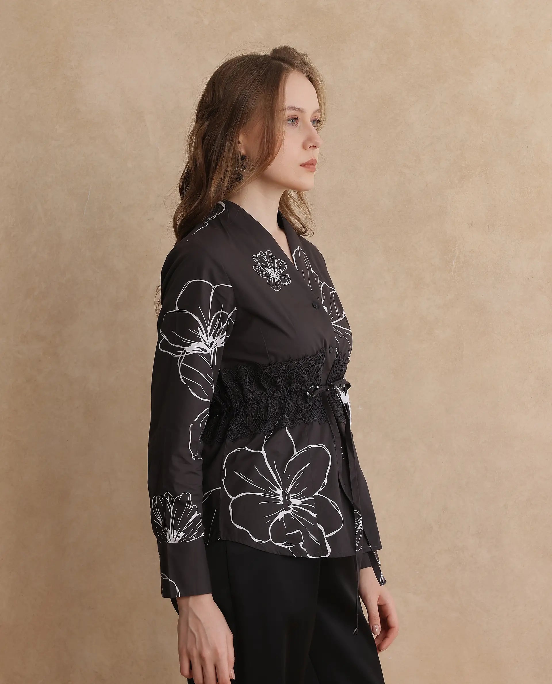 Rareism Women Hoose Brown Cuffed Sleeve V-Neck Button Floral Print Top