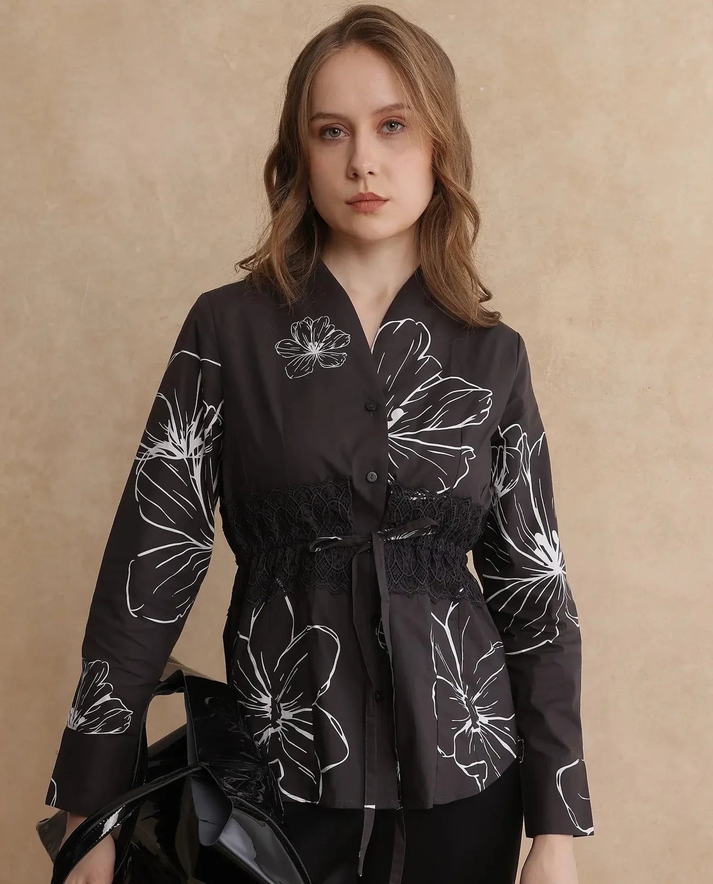 Rareism Women Hoose Brown Cuffed Sleeve V-Neck Button Floral Print Top