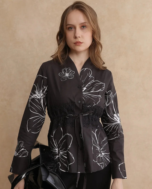 Rareism Women Hoose Brown Cuffed Sleeve V-Neck Button Floral Print Top