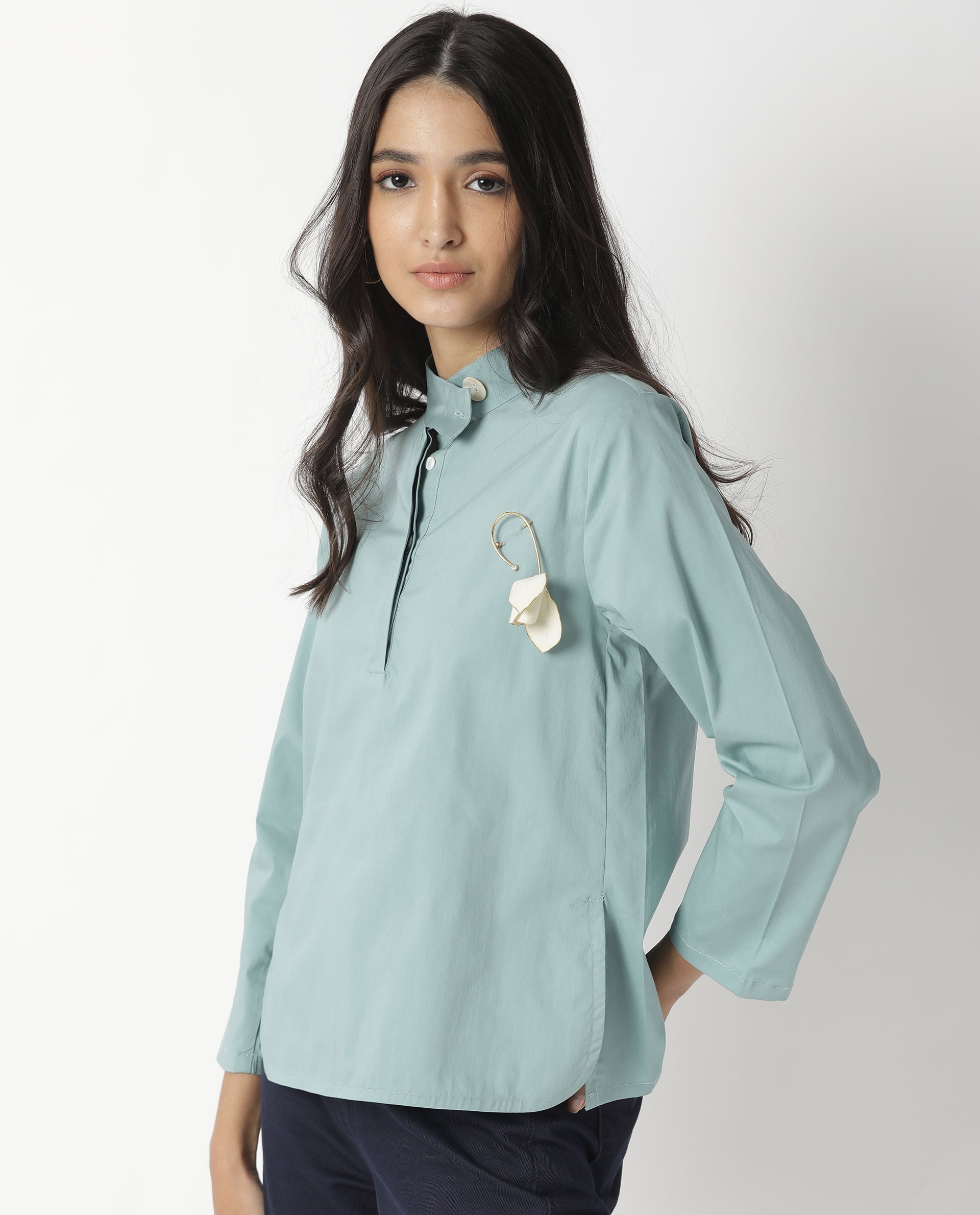 Rareism Women Horhay Green Cotton Lycra Fabric Relaxed Fit Mandarin Collar 3/4Th Sleeves Solid Top