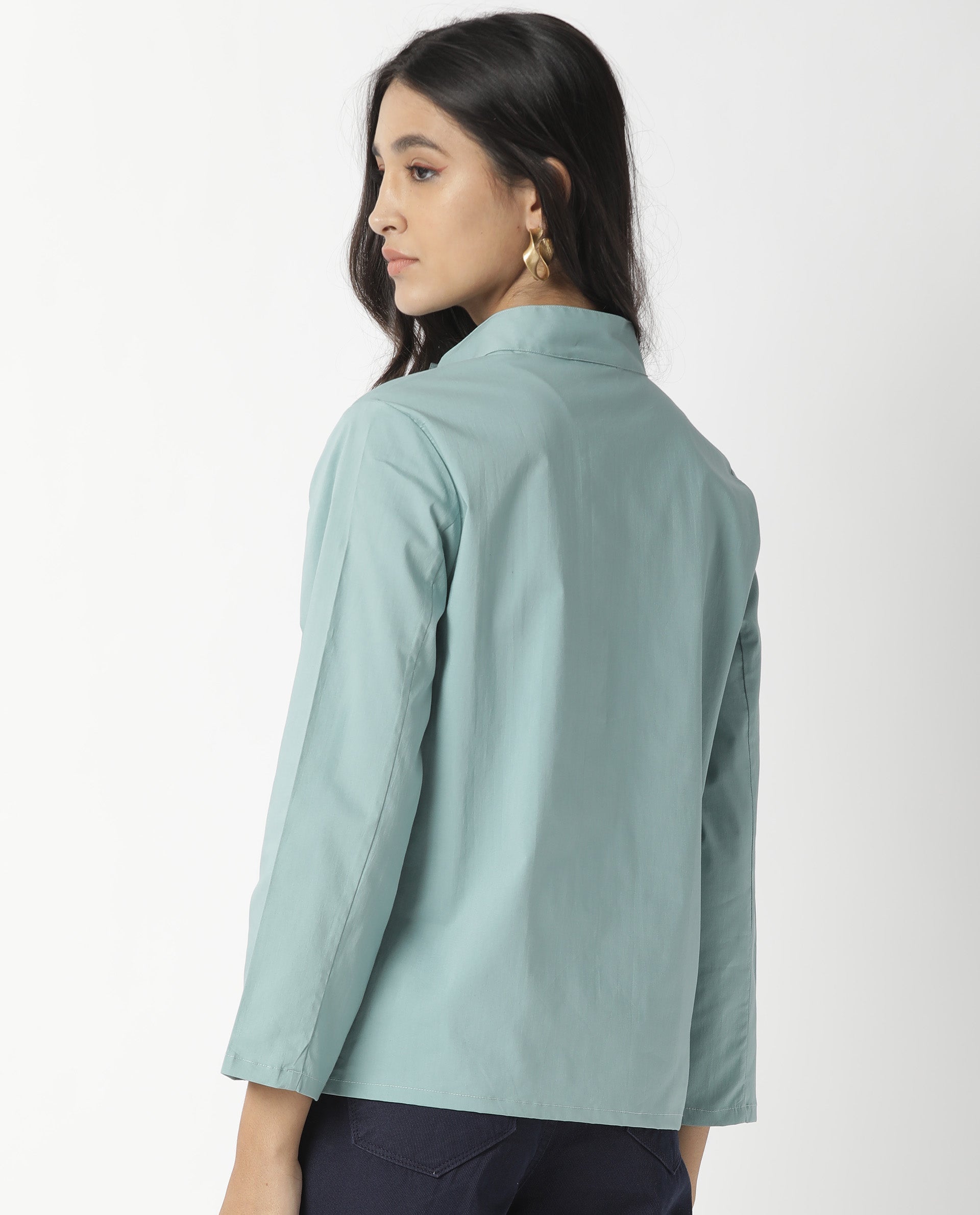 Rareism Women Horhay Green Cotton Lycra Fabric Relaxed Fit Mandarin Collar 3/4Th Sleeves Solid Top
