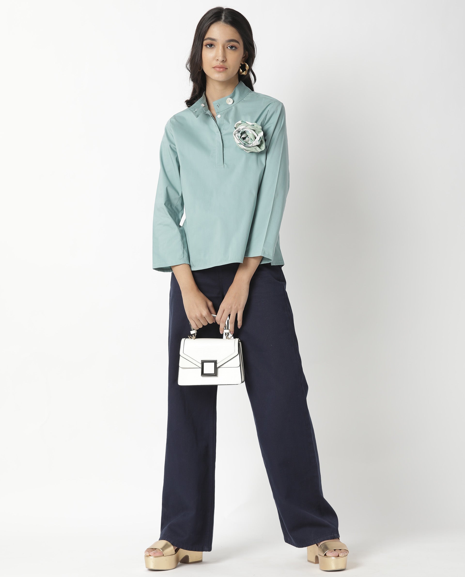 Rareism Women Horhay Green Cotton Lycra Fabric Relaxed Fit Mandarin Collar 3/4Th Sleeves Solid Top