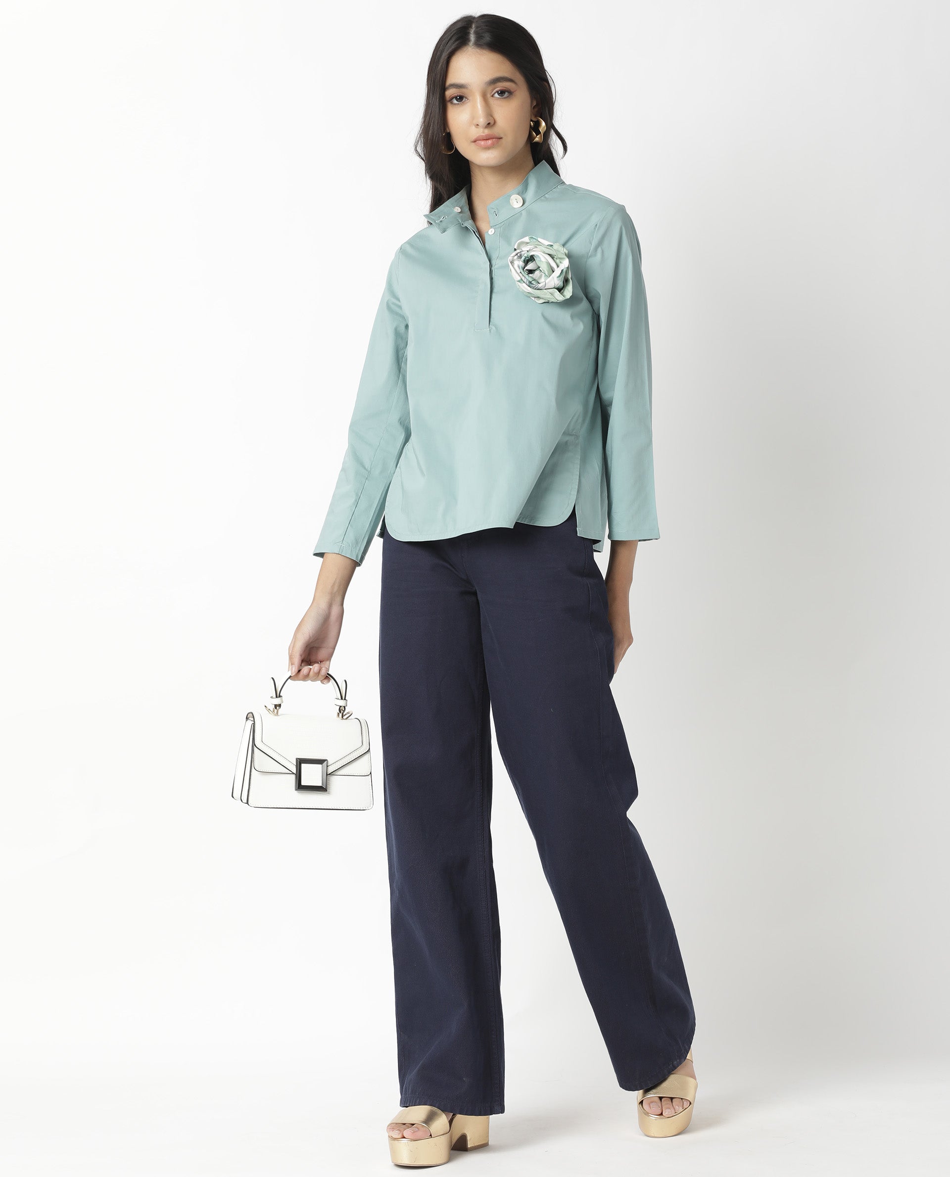 Rareism Women Horhay Green Cotton Lycra Fabric Relaxed Fit Mandarin Collar 3/4Th Sleeves Solid Top