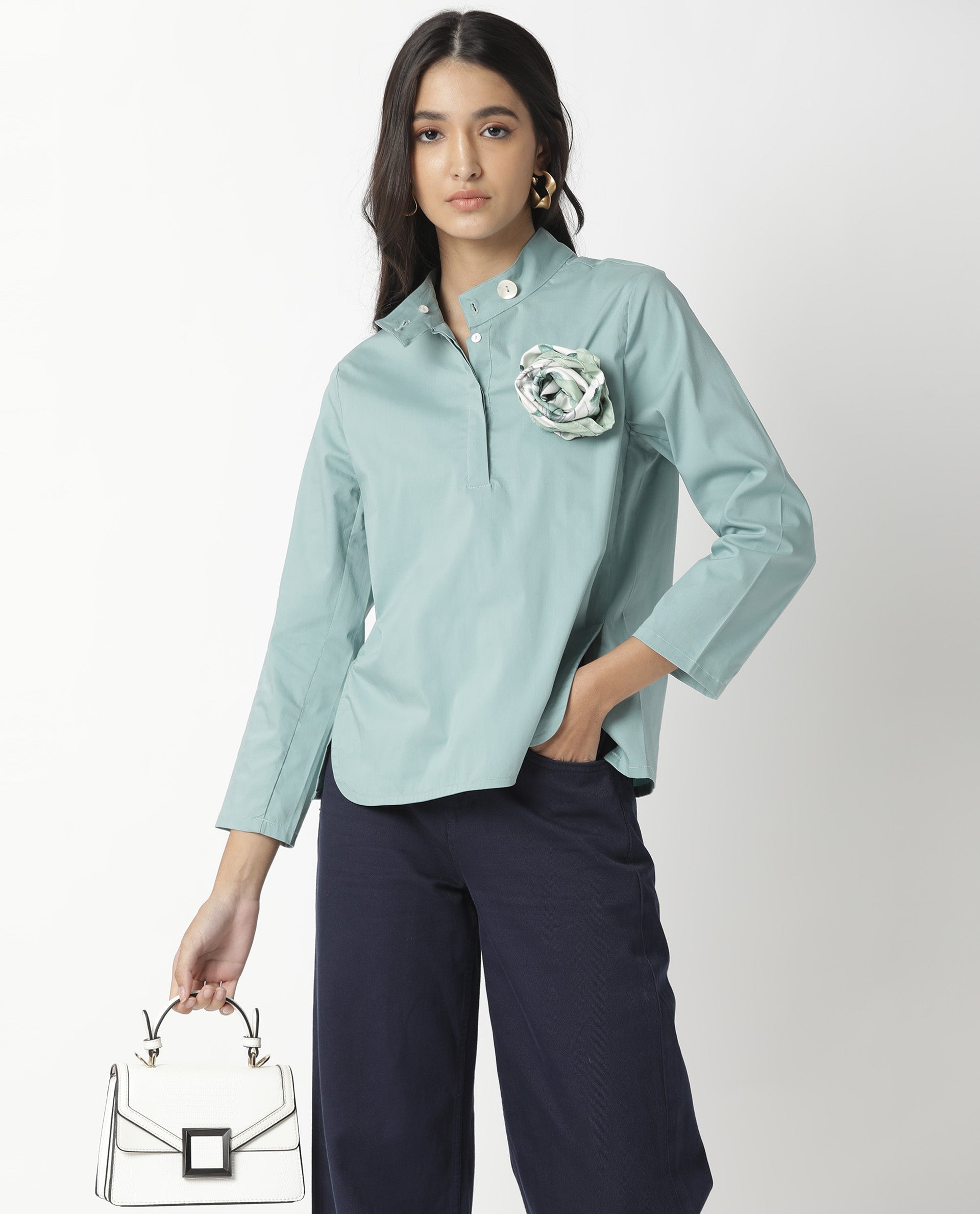 Rareism Women Horhay Green Cotton Lycra Fabric Relaxed Fit Mandarin Collar 3/4Th Sleeves Solid Top