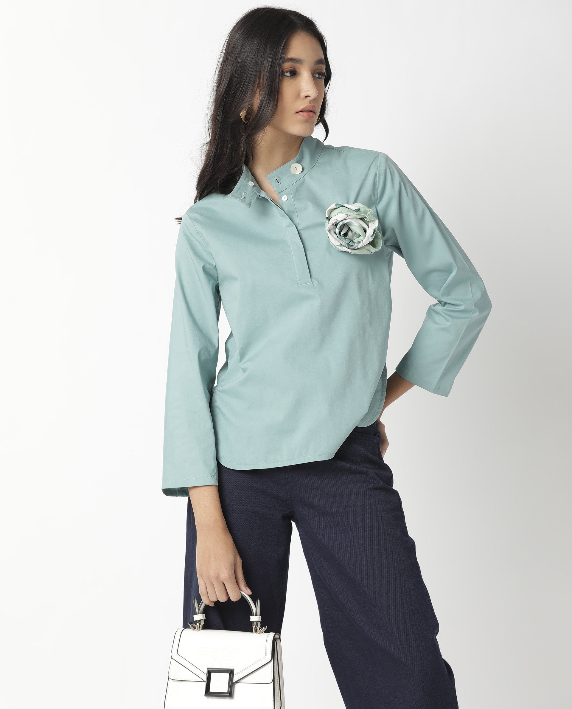 Rareism Women Horhay Green Cotton Lycra Fabric Relaxed Fit Mandarin Collar 3/4Th Sleeves Solid Top