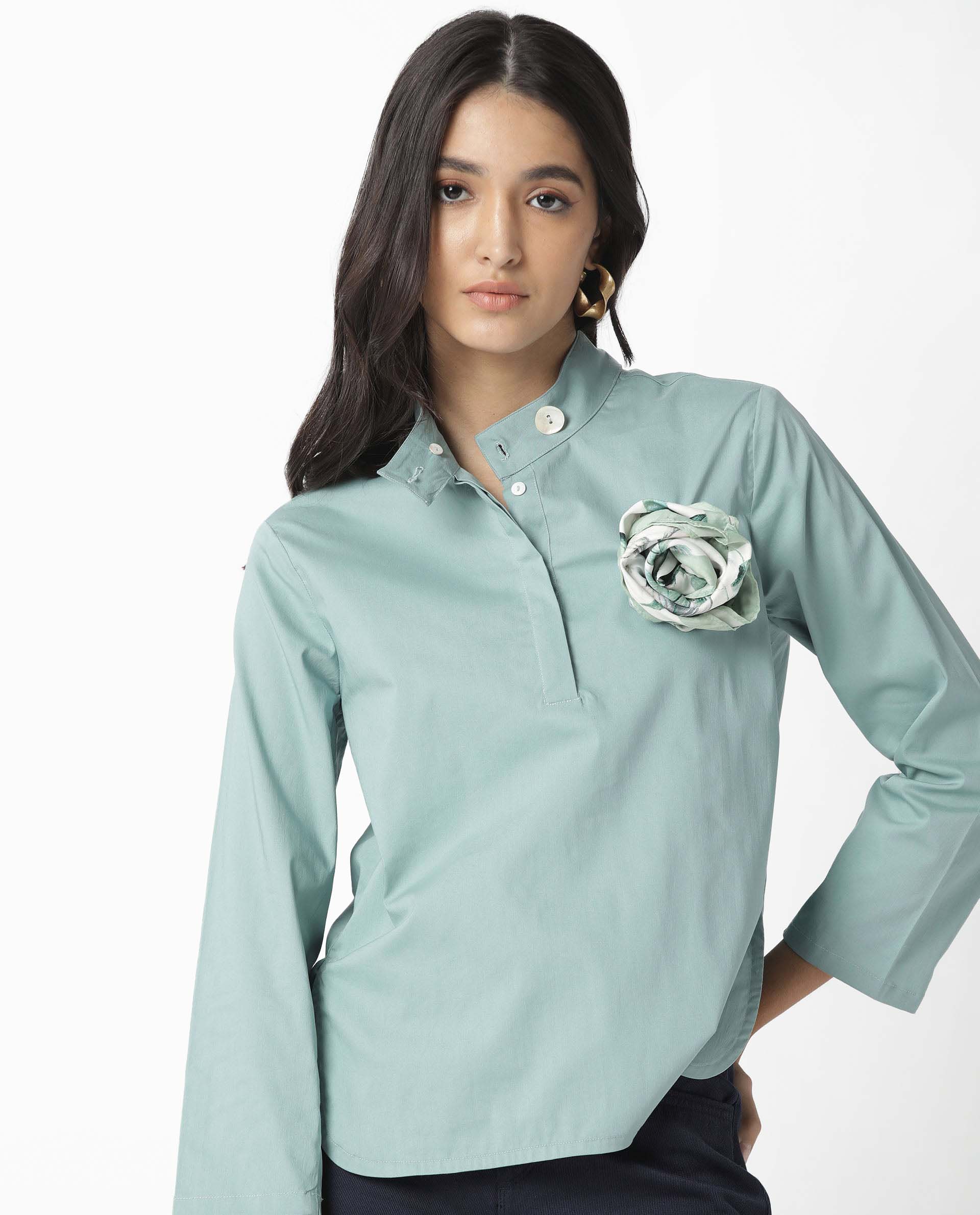 Rareism Women Horhay Green Cotton Lycra Fabric Relaxed Fit Mandarin Collar 3/4Th Sleeves Solid Top