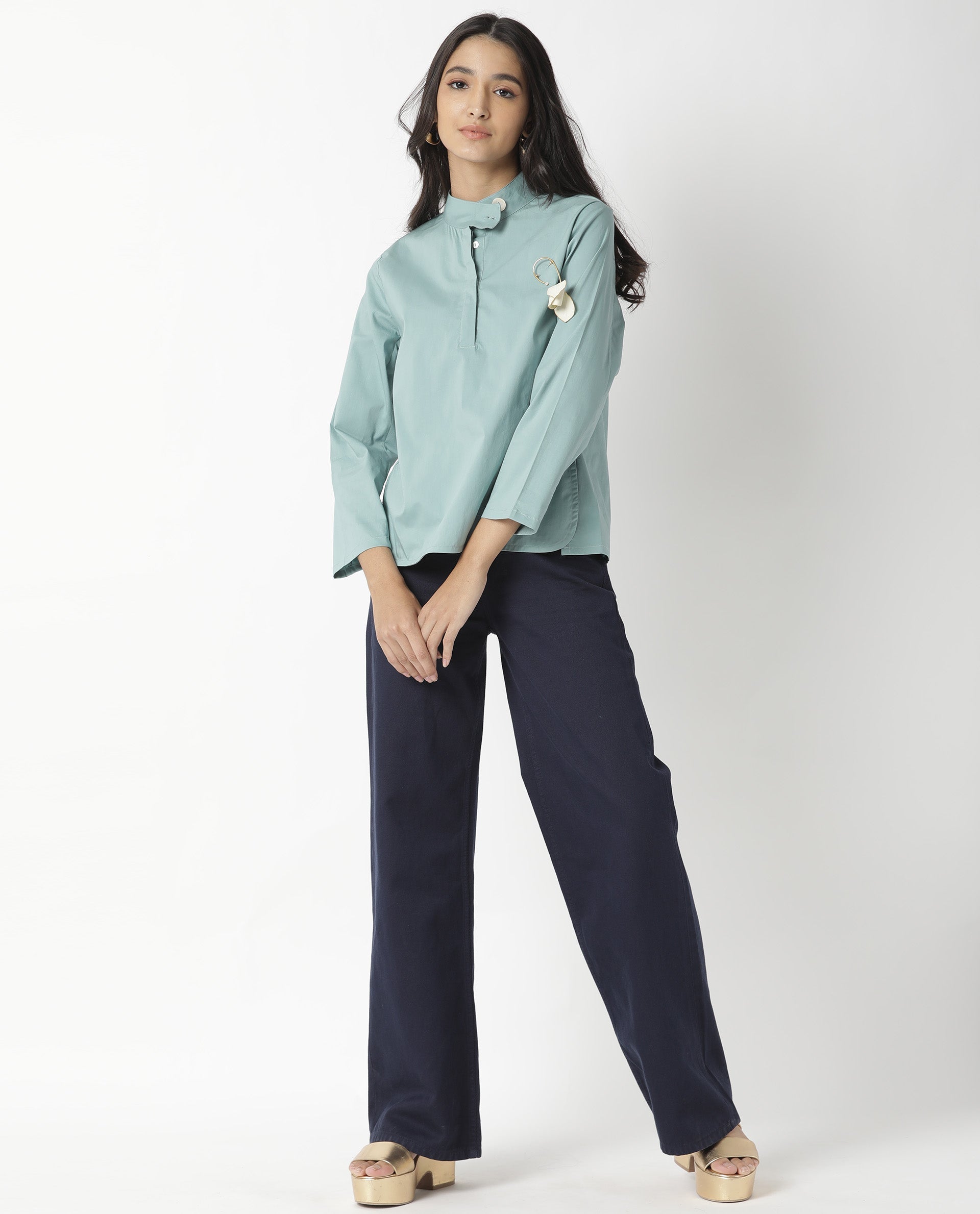 Rareism Women Horhay Green Cotton Lycra Fabric Relaxed Fit Mandarin Collar 3/4Th Sleeves Solid Top