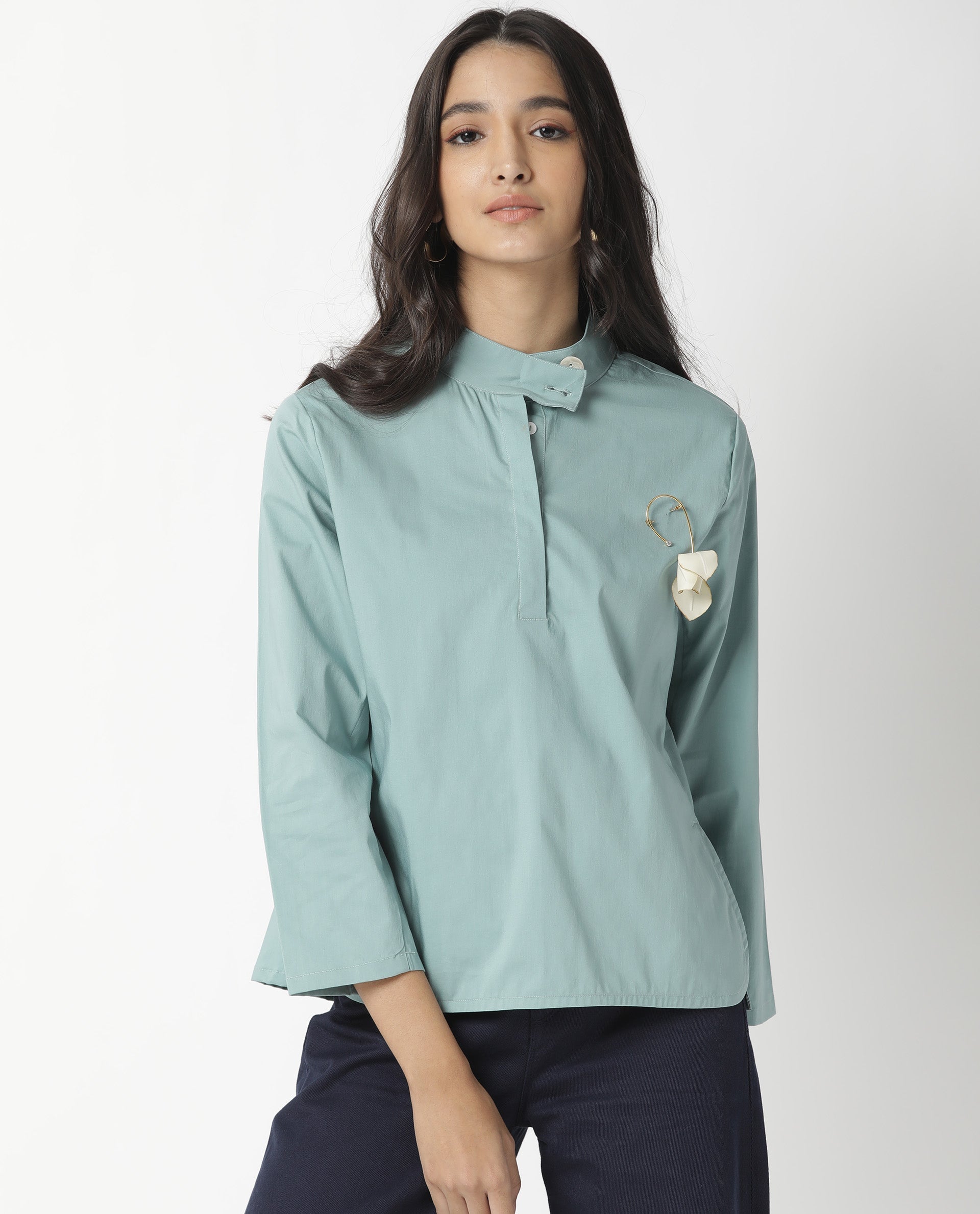 Rareism Women Horhay Green Cotton Lycra Fabric Relaxed Fit Mandarin Collar 3/4Th Sleeves Solid Top