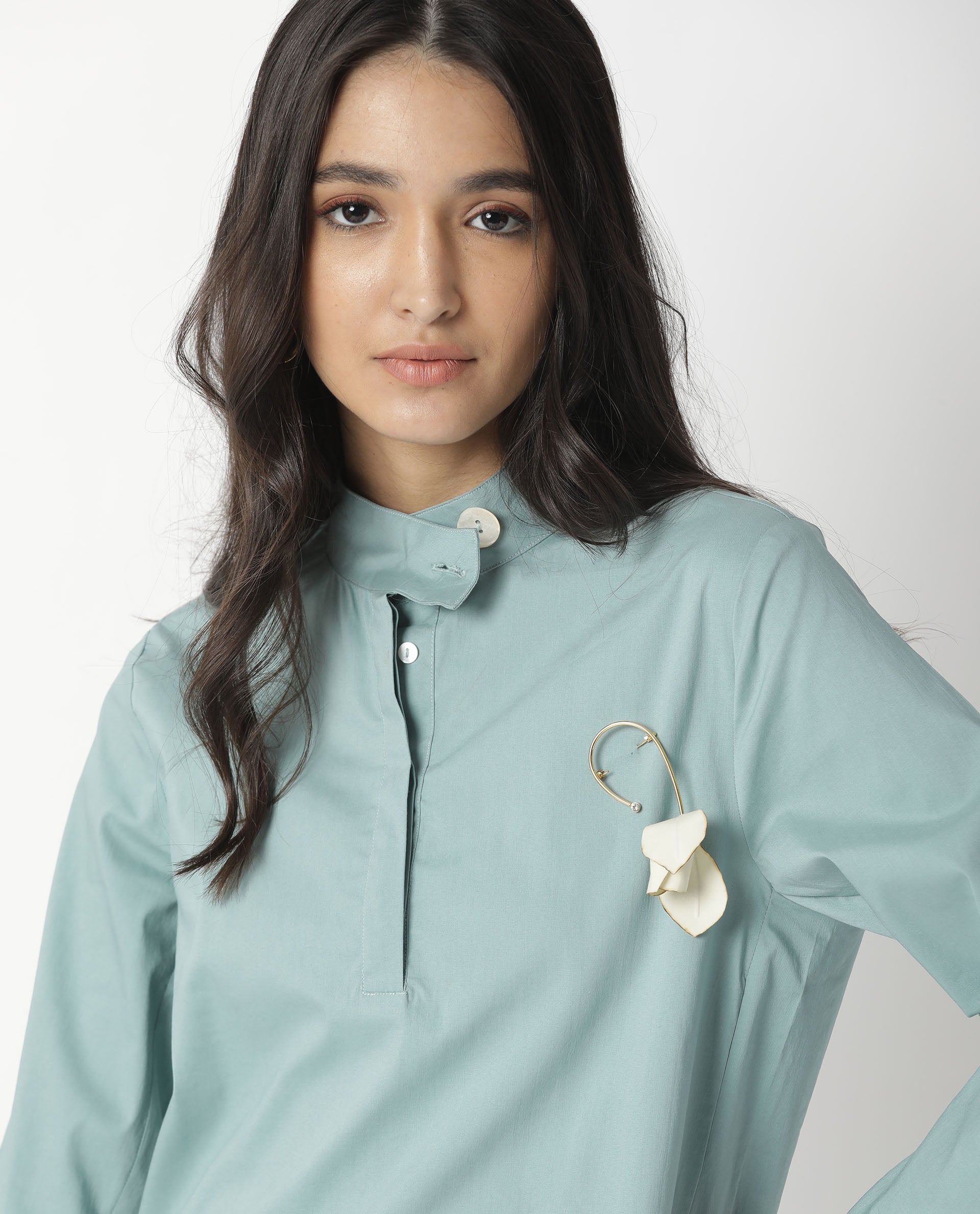 Rareism Women Horhay Green Cotton Lycra Fabric Relaxed Fit Mandarin Collar 3/4Th Sleeves Solid Top