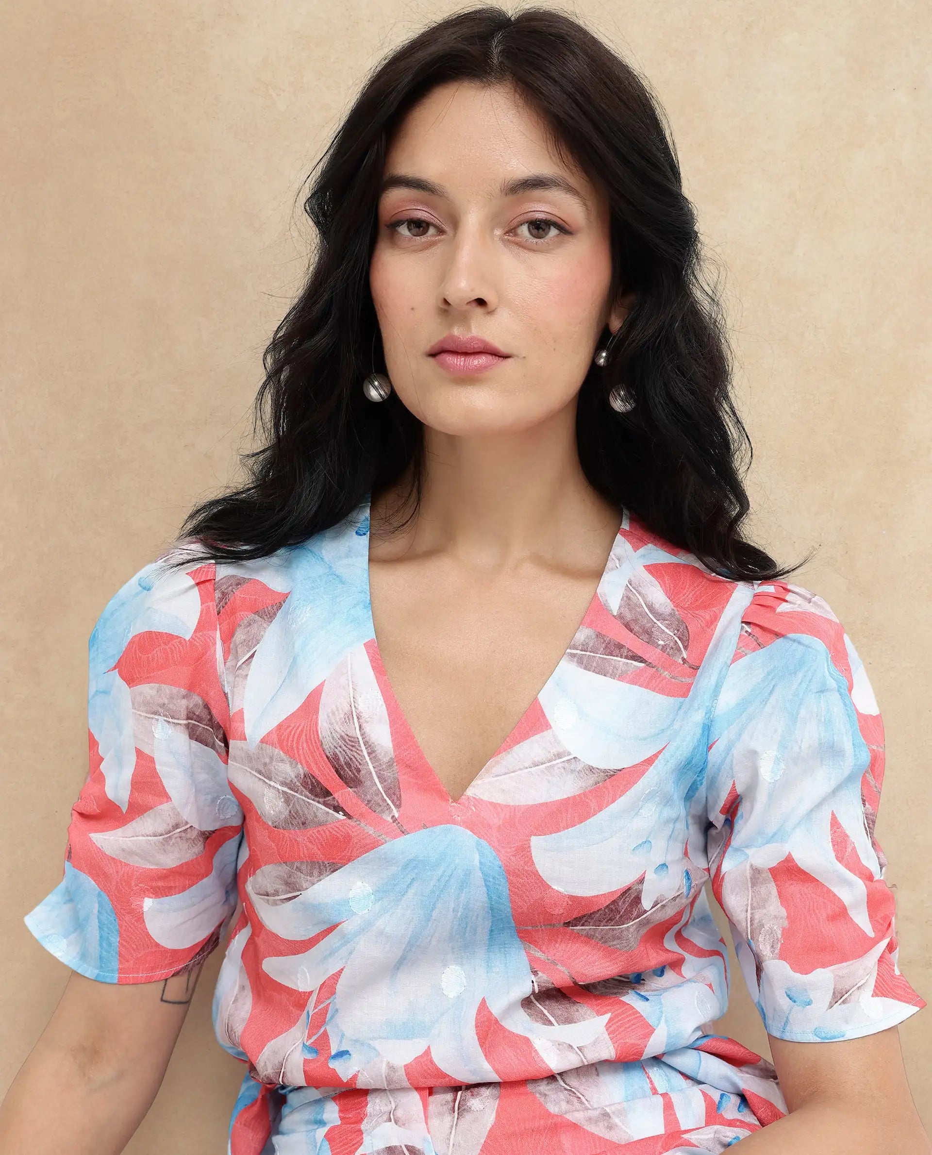 Rareism Women Housto-T Pink Cotton Fabric Regular Sleeves V-Neck Floral Print Short Top