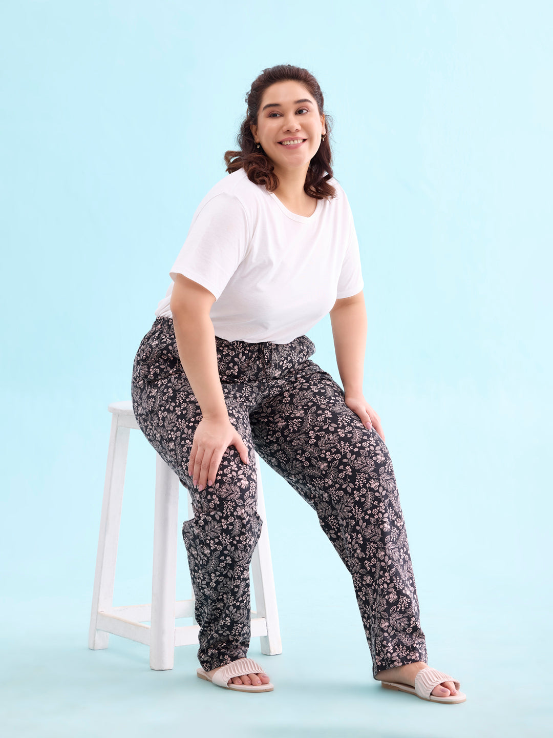 Black Cotton Knit Printed Lounge Pants