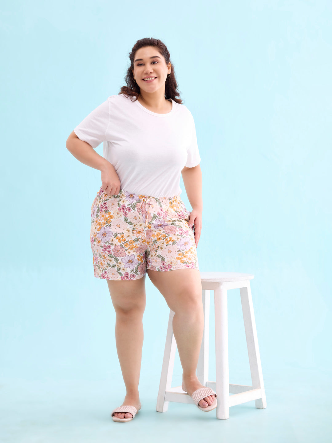 White Woven Viscose Printed Lounge Shorts