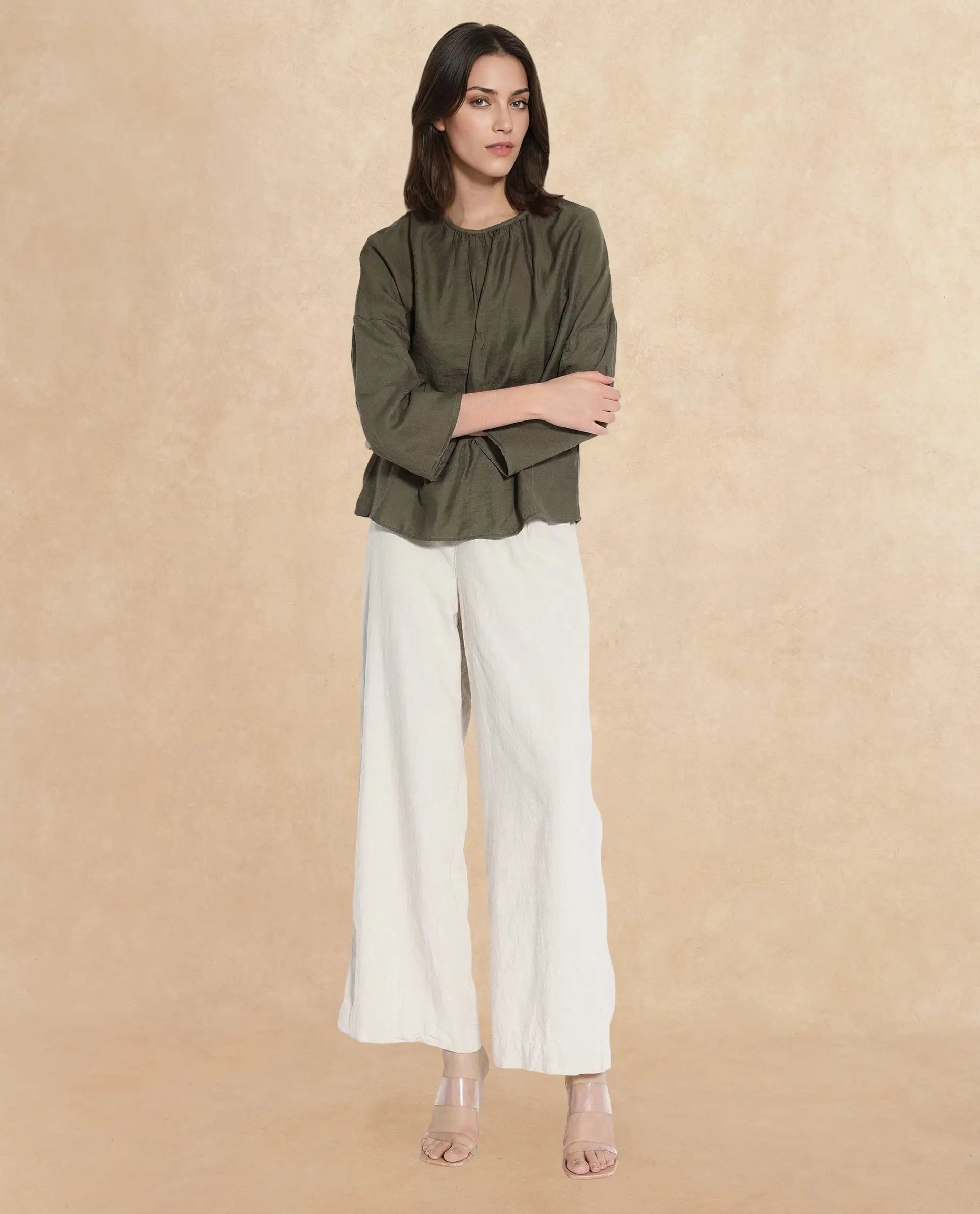 Rareism Women Husik Olive Raglan Sleeves Crew Neck Relaxed Fit Plain Top