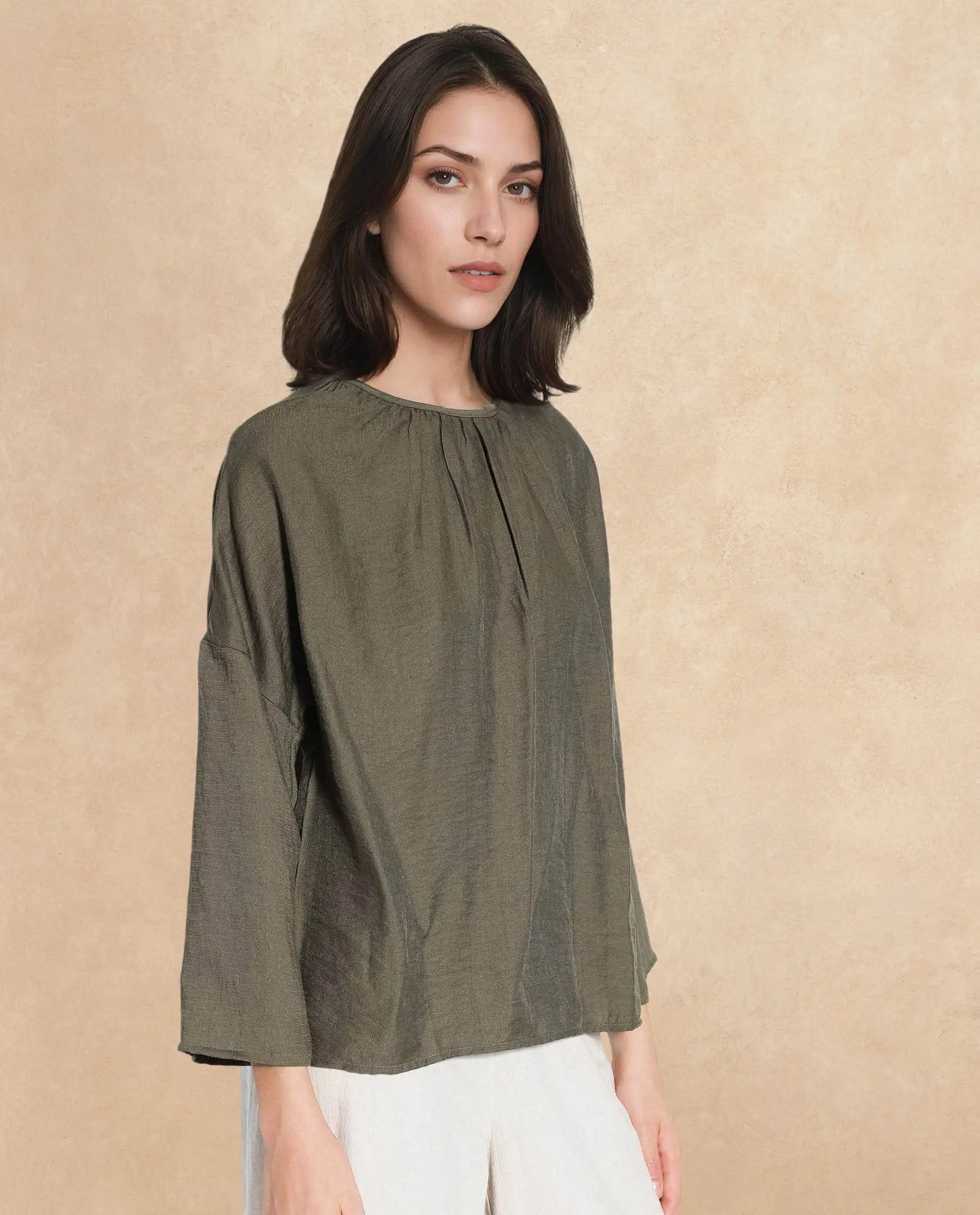 Rareism Women Husik Olive Raglan Sleeves Crew Neck Relaxed Fit Plain Top