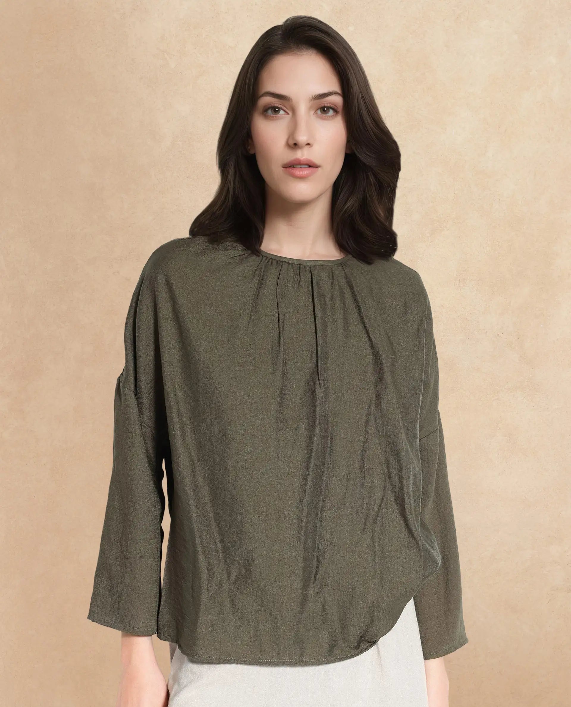 Rareism Women Husik Olive Raglan Sleeves Crew Neck Relaxed Fit Plain Top