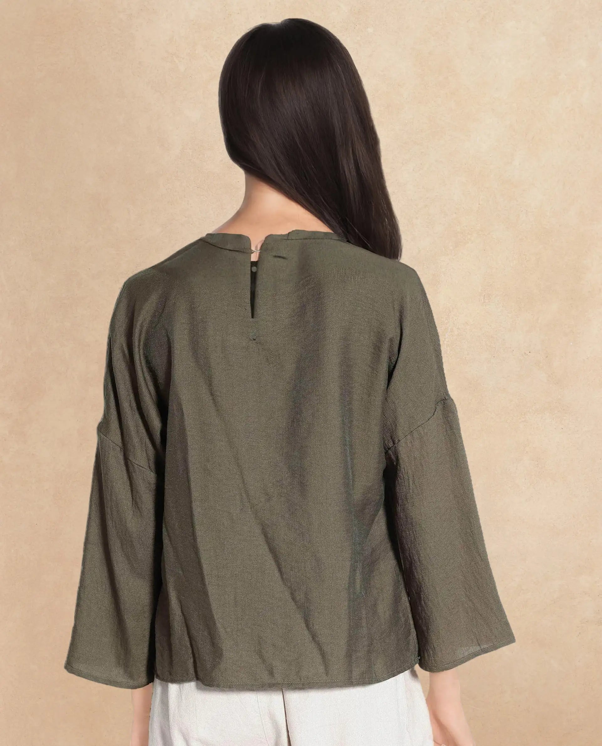 Rareism Women Husik Olive Raglan Sleeves Crew Neck Relaxed Fit Plain Top