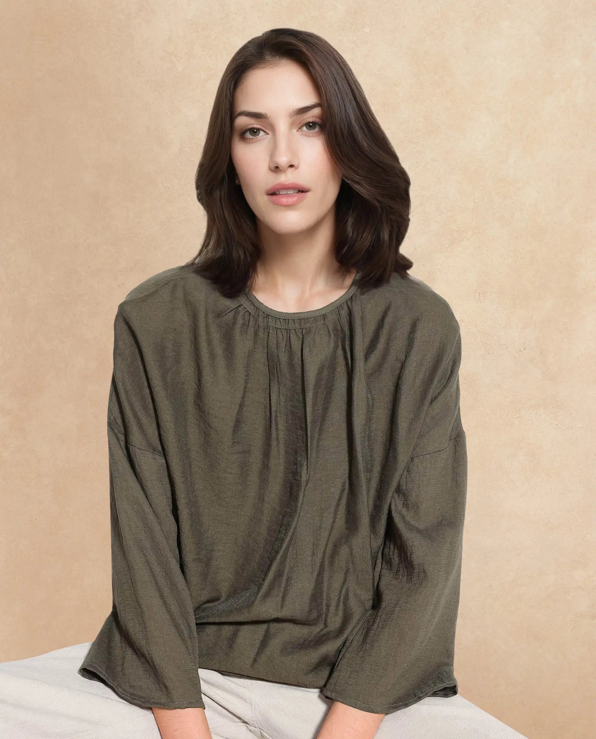 Rareism Women Husik Olive Raglan Sleeves Crew Neck Relaxed Fit Plain Top