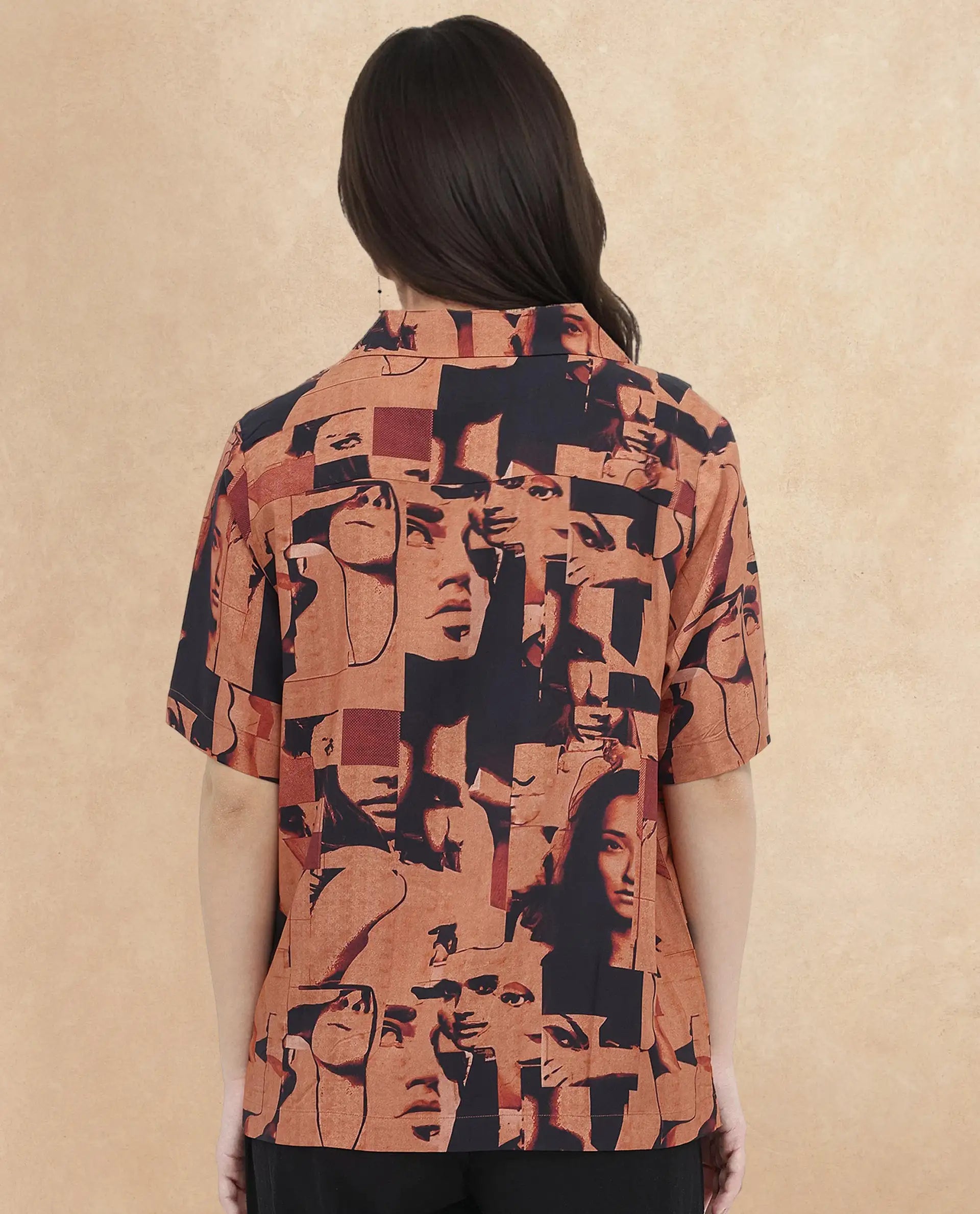 Rareism Women Hagen Brown Short Sleeve Collared Neck  Relaxed Fit Abstract Print Shirt