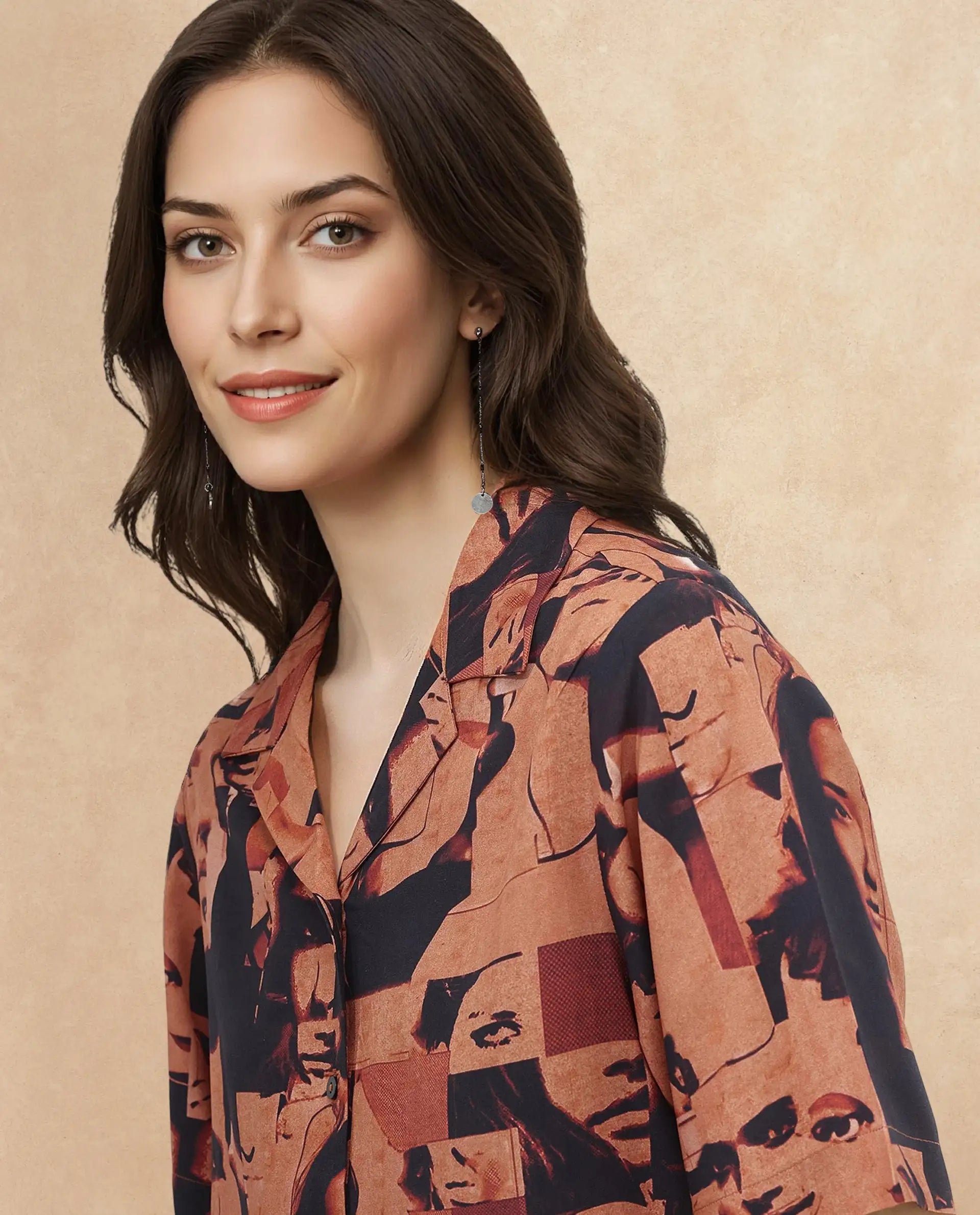 Rareism Women Hagen Brown Short Sleeve Collared Neck  Relaxed Fit Abstract Print Shirt