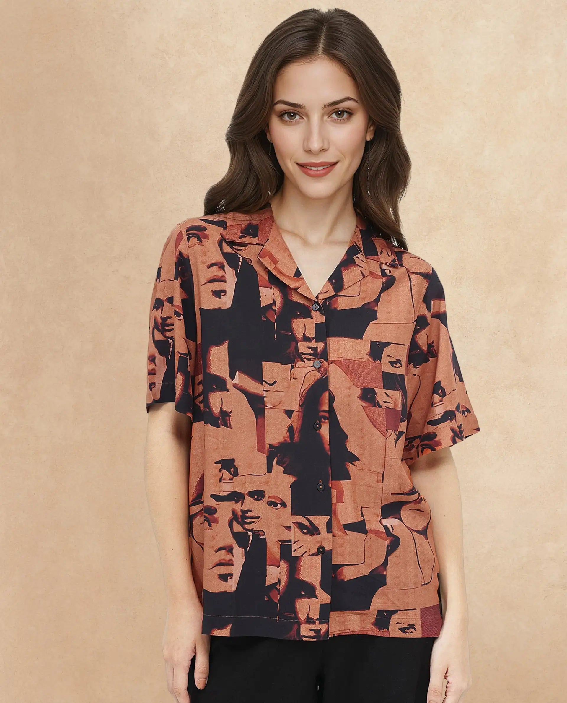 Rareism Women Hagen Brown Short Sleeve Collared Neck  Relaxed Fit Abstract Print Shirt