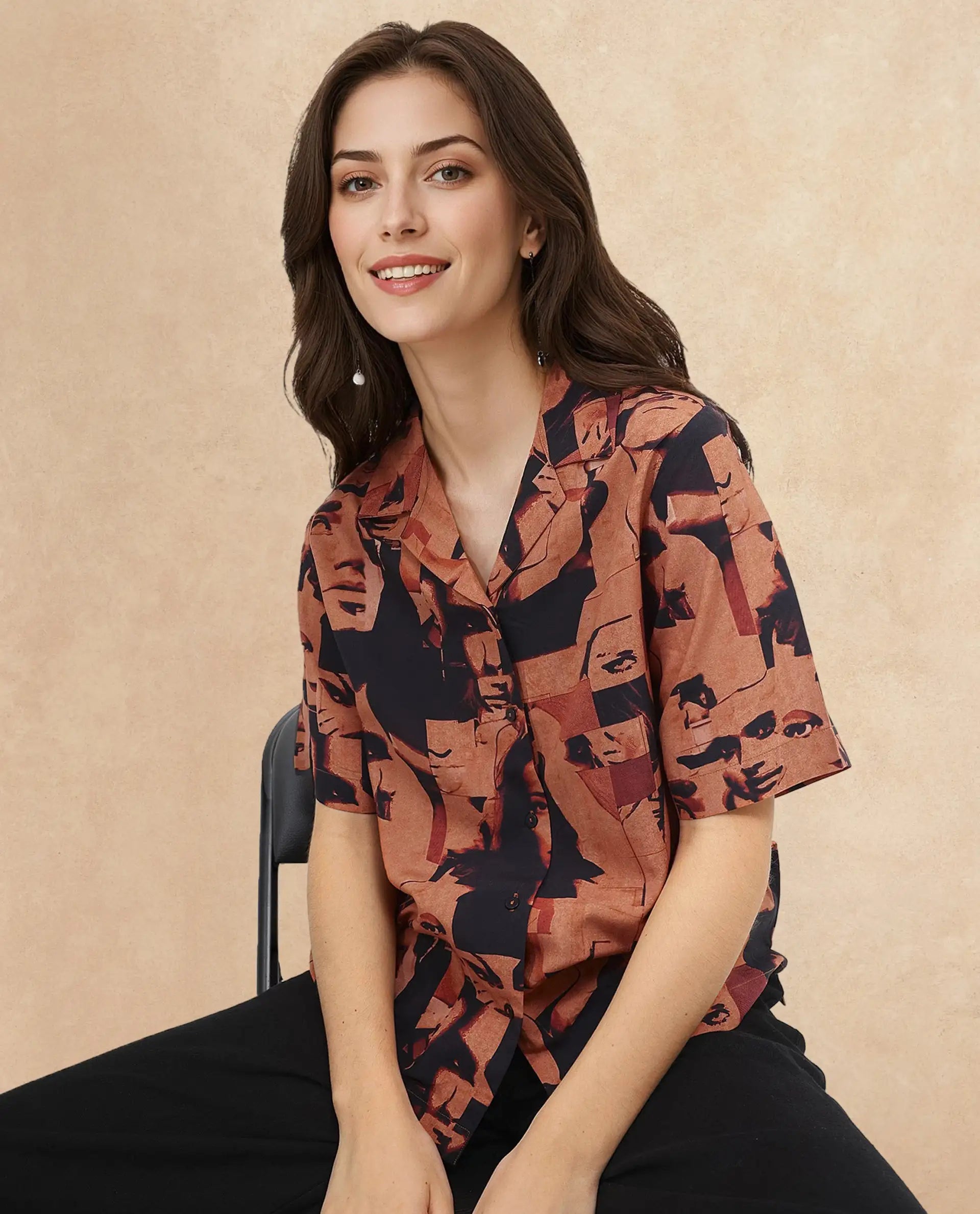 Rareism Women Hagen Brown Short Sleeve Collared Neck  Relaxed Fit Abstract Print Shirt