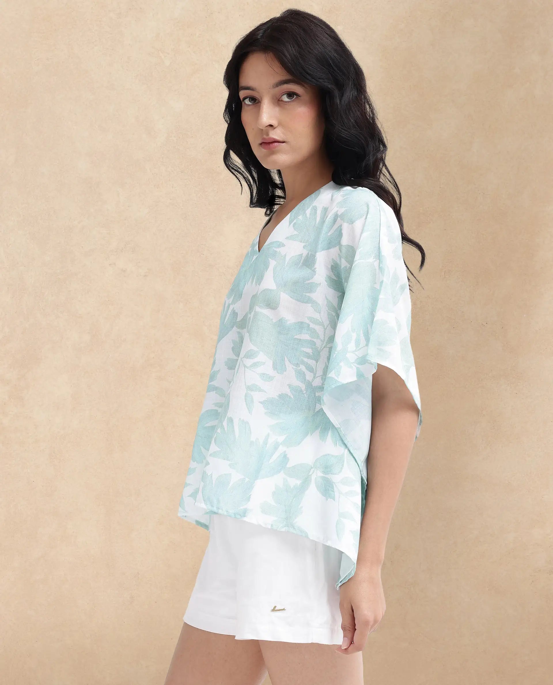 Rareism Women Ibac Light Green Linen Fabric Short Sleeve V-Neck Leaf Print Regular Fit Top